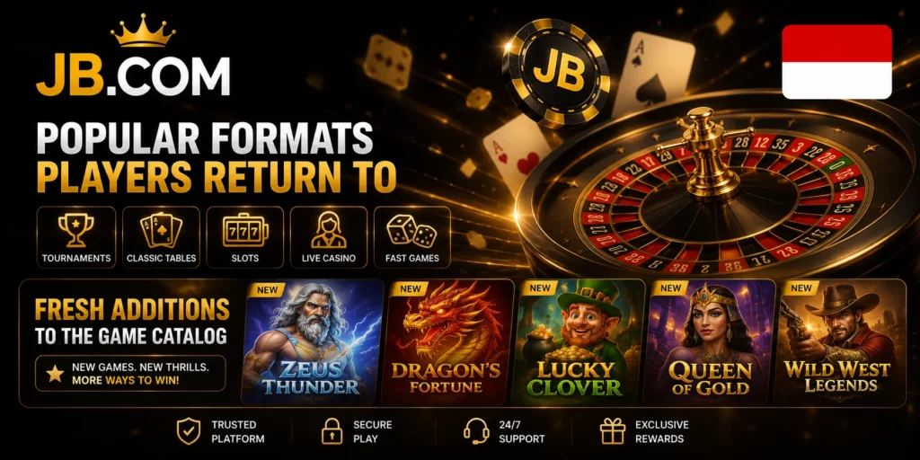 JB Casino popular game formats and new releases with official JB.COM logo and Indonesia flag.