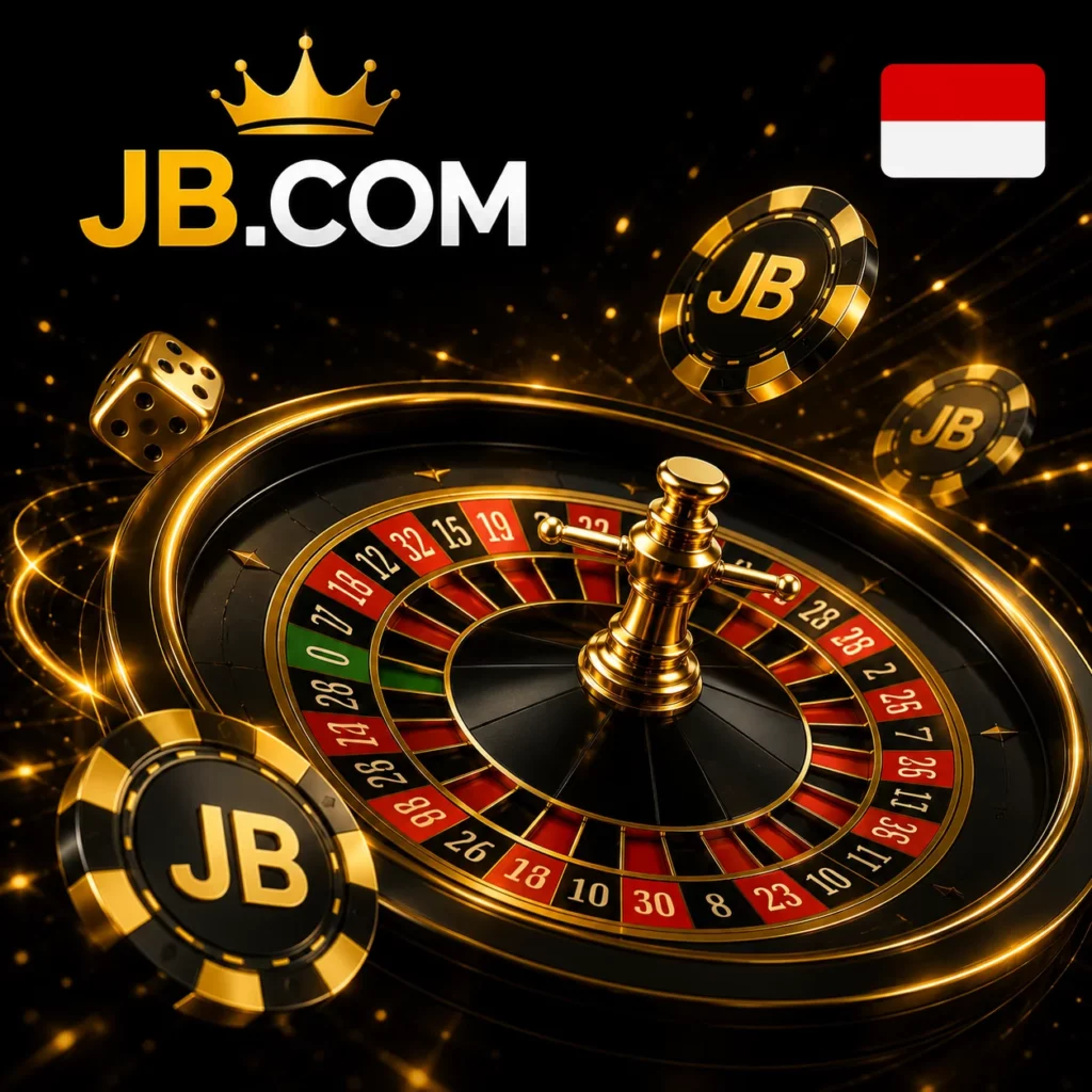 JB Casino roulette wheel with official JB.COM logo and Indonesia flag.